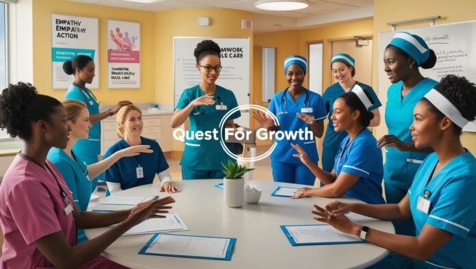 Nurses participating in an emotional intelligence intervention session in a modern healthcare setting, fostering empathy, self-awareness, and teamwork. Focus keyphrase: Emotional Intelligence Interventions for Nurses.