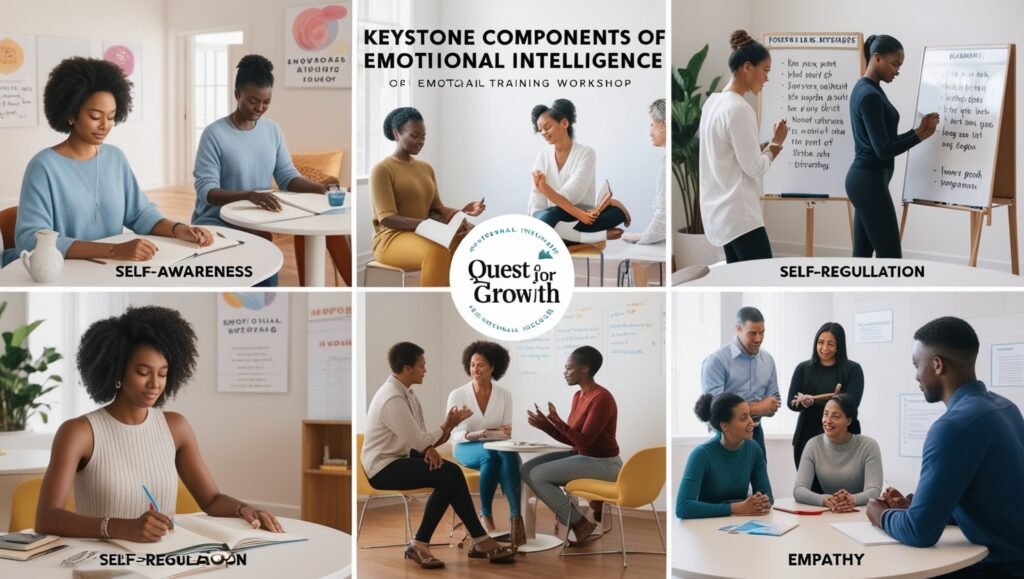  image illustrating the Keystone Components of Emotional Intelligence with people journaling for self-awareness, practicing calming exercises for self-regulation, setting goals for inspiration, discussing empathy, and engaging in teamwork for interpersonal skills. Focus keyphrase: Keystone Components of Emotional Intelligence