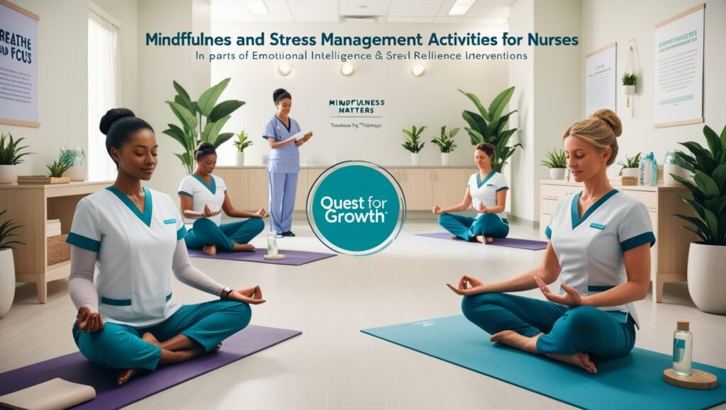  image of nurses practicing mindfulness and stress management activities, including meditation, journaling, and guided stretching, in a tranquil healthcare training room.