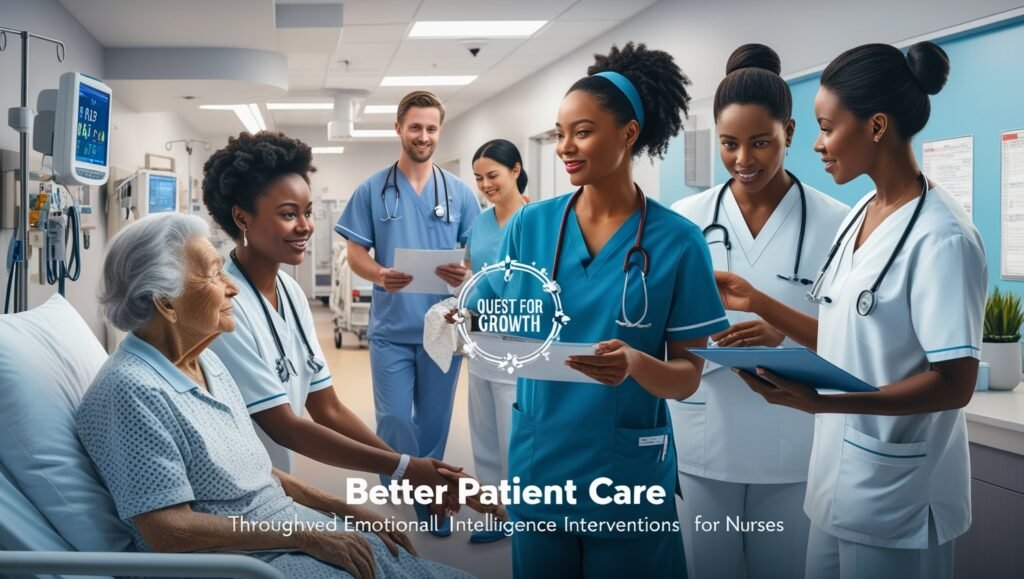 Nurses providing better patient care through emotional intelligence interventions, demonstrating empathy by listening to patients, clear communication with families, and teamwork in a modern hospital setting. This scene highlights the impact of Emotional Intelligence Interventions for Nurses in improving patient outcomes.