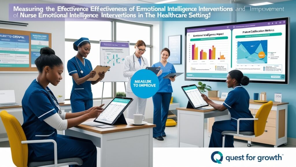 image showing the process of measuring the effectiveness of Emotional Intelligence Interventions for Nurses. Nurses engage in self-assessments, feedback discussions, and data analysis, emphasizing progress tracking and professional development.