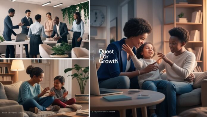 A serene depiction of emotional intelligence in daily life, showcasing empathetic teamwork and attentive parenting with a watermark reading 'Quest for Growth' in the center.