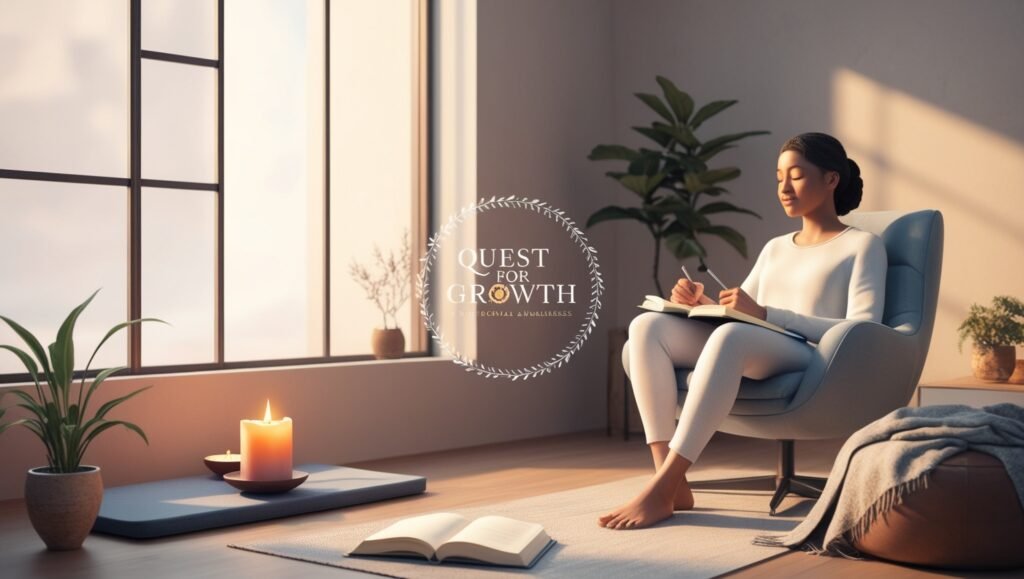 A serene depiction of practicing self-awareness, showing an individual journaling emotions by a window with a mindfulness setup nearby, and a 'Quest for Growth' watermark in the center.