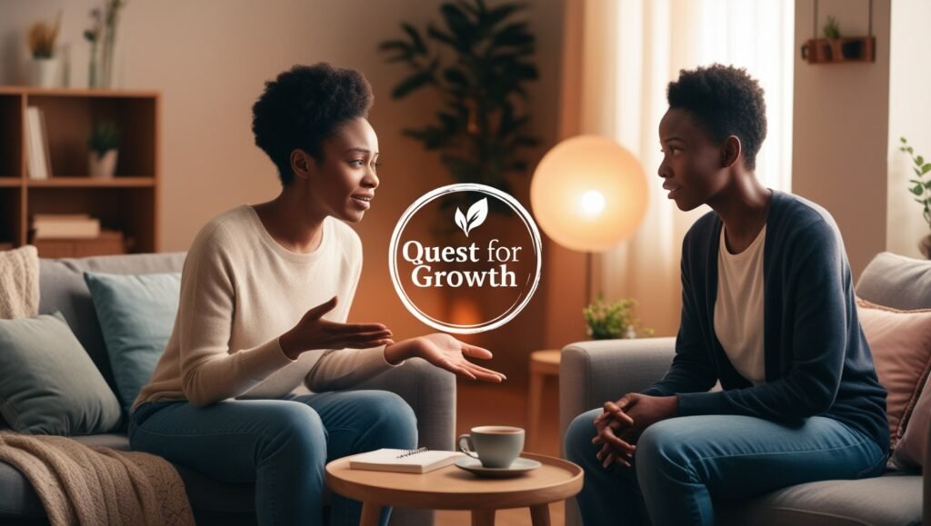 A realistic depiction of expressing emotions constructively, showing a calm conversation in a cozy room with warm lighting and a 'Quest for Growth' watermark in the center.