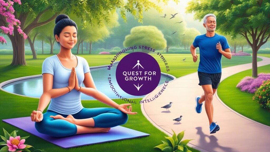 A tranquil depiction of managing stress through emotional intelligence, featuring mindfulness meditation in a park and jogging nearby, with a 'Quest for Growth' watermark in the center.