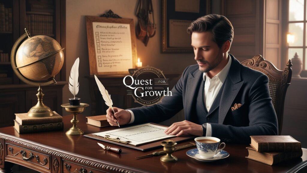 Entrepreneur reviewing a goal planner in a modern office, surrounded by motivational items, symbolizing focus and ambition. Watermark 'Quest for Growth' included. Focus keyphrase: Goal Setting for Entrepreneurs.