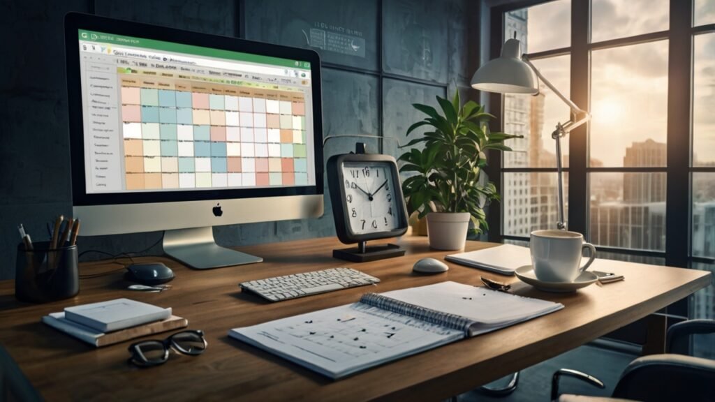 Illustration of a clock with scheduled tasks, surrounded by tools like a calendar, checklist, and timer, representing a time management plan for efficient goal achievement, featuring a "Quest for Growth" watermark in the center.