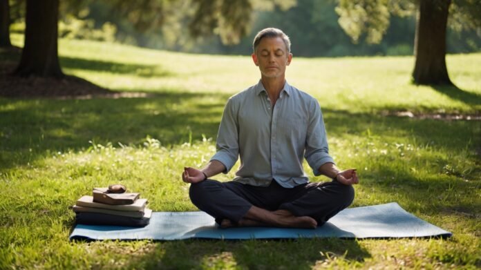 A serene natural setting depicting stress-relief routines with a person meditating in a park, surrounded by greenery and sunlight, featuring the watermark 'Quest for Growth'.