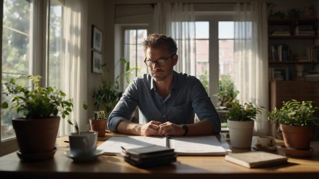 A realistic image of a professional calmly working in a cozy home office, symbolizing the connection between stress and wellbeing