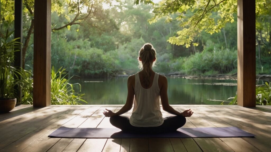 image of a person meditating outdoors in a serene natural setting, surrounded by greenery and sunlight, illustrating mindfulness and meditation as essential stress-relief techniques.