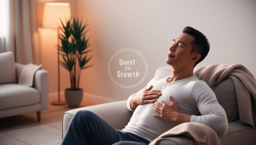 image of a person practicing deep breathing in a calm indoor setting, symbolizing deep breathing as an instant stress-relief technique