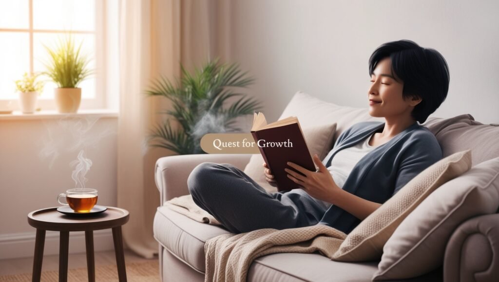 image of a person relaxing in a cozy living room, reading a book, symbolizing limiting screen time for effective stress management