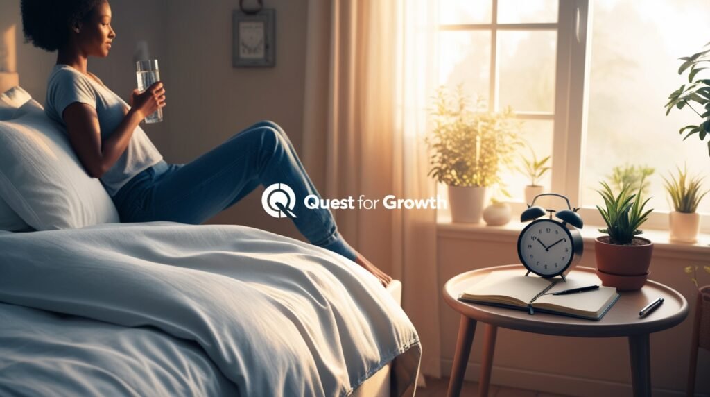 A person sitting on the edge of a bed, stretching and holding a glass of water, symbolizing small steps in building a productive morning routine.