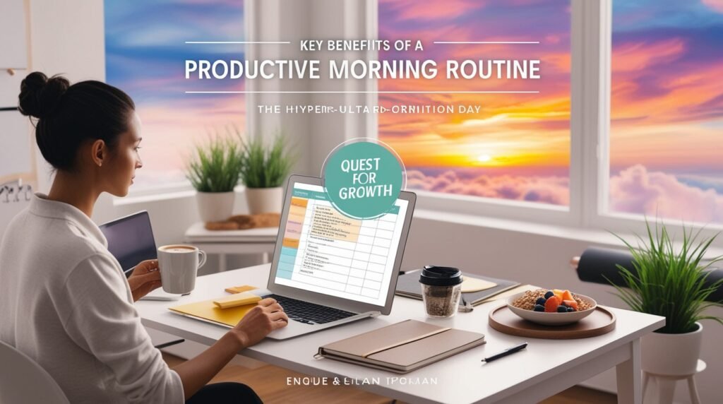  A person in a bright workspace reviewing a planner with natural light and a healthy breakfast nearby, symbolizing the key benefits of a productive morning routine.