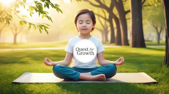 A child practicing mindfulness for children's emotional regulation outdoors in a serene park setting, sitting cross-legged on a yoga mat, with the watermark 