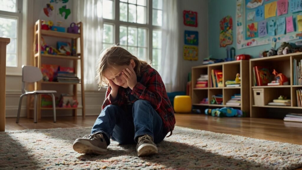 A child exhibiting signs of emotional dysregulation, sitting on the floor upset. Focus on mindfulness for children's emotional regulation.