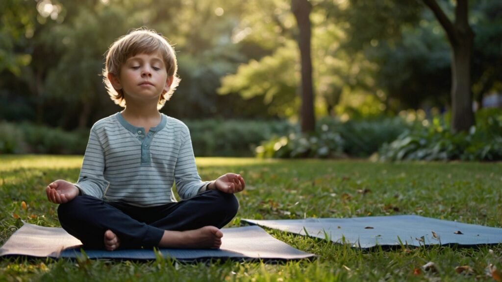 A child practicing deep breathing exercises outdoors, sitting on a yoga mat in a serene park. Focus on mindfulness for children's emotional regulation.