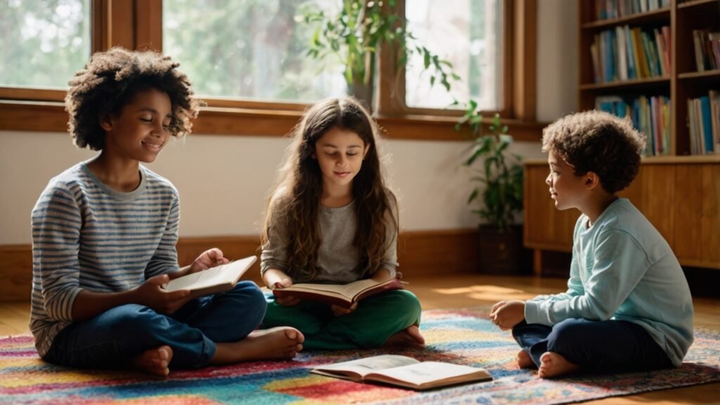 Children engaging in mindful storytelling in a cozy classroom, with a teacher reading a storybook. Focus on mindfulness for children's emotional regulation.