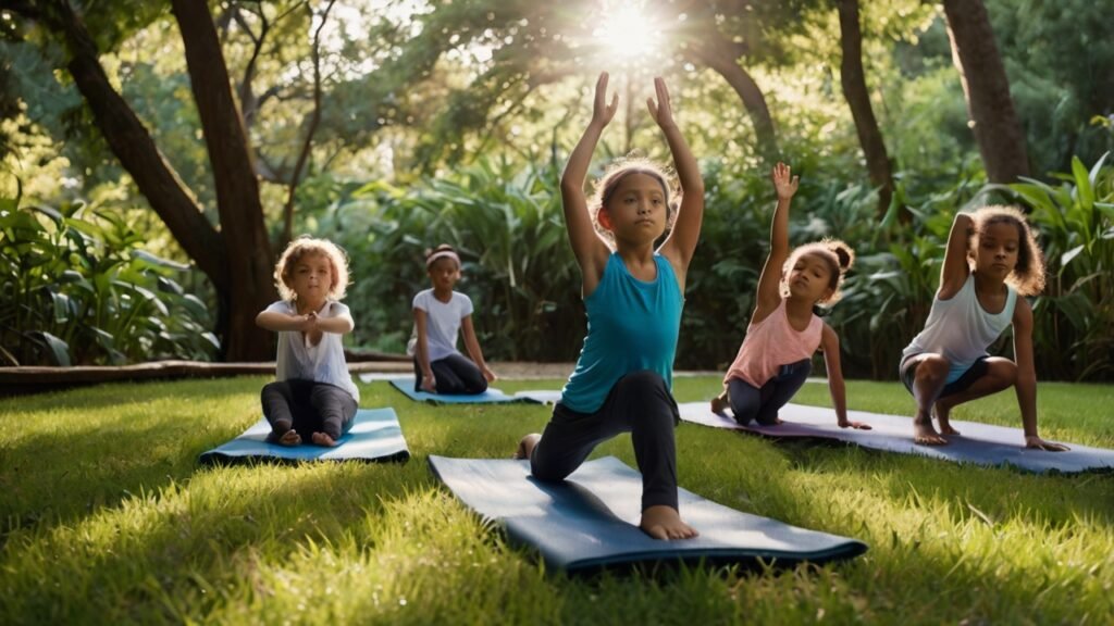 Children practicing mindful moving with simple yoga poses in a bright outdoor space. Focus on mindfulness for children's emotional regulation.