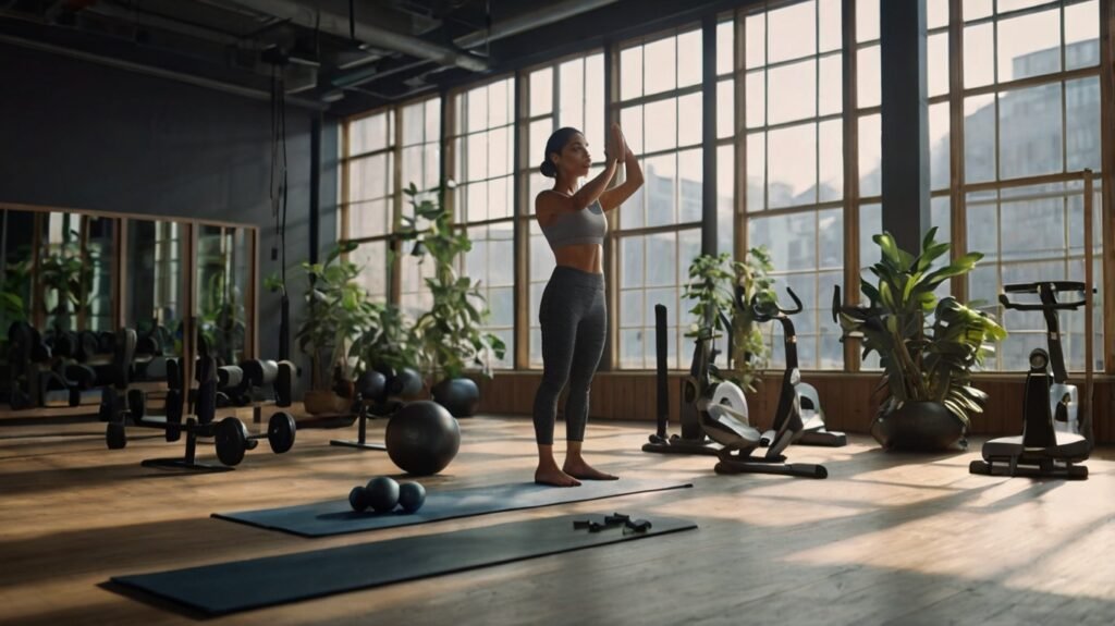 Person practicing mindful breathing techniques in an open-air gym, standing upright with arms extended, surrounded by exercise equipment, symbolizing the physical health benefits.