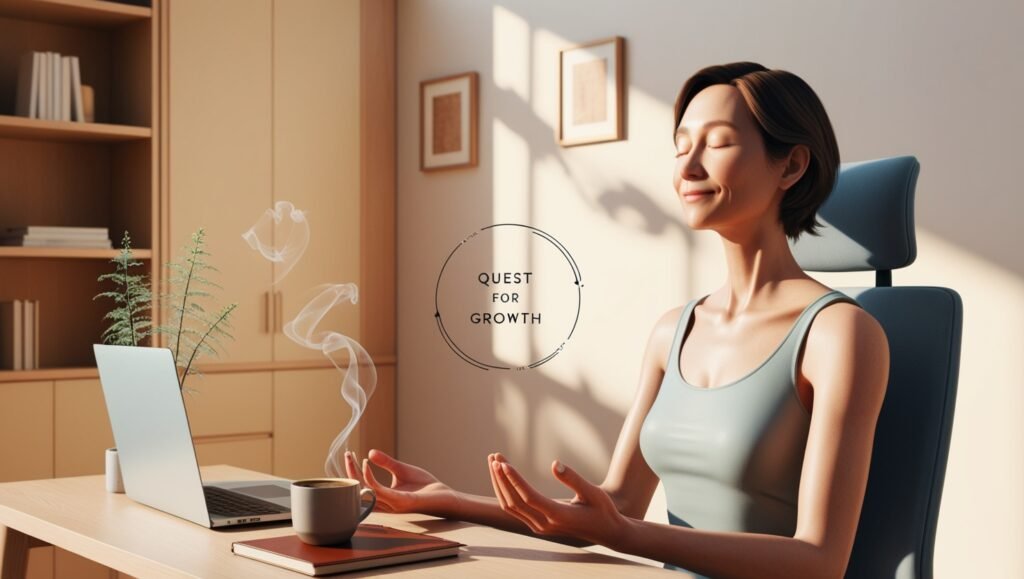 Person practicing mindful breathing techniques at a desk in a bright home office, seated upright with closed eyes and a calm expression.