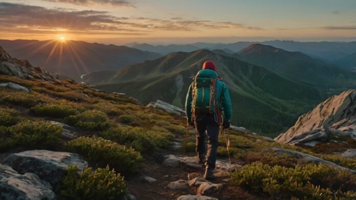 A determined person climbing a mountain at sunrise, symbolizing perseverance and optimism, representing the journey of applying motivation techniques for lasting change, with lush greenery and rugged paths in the background.