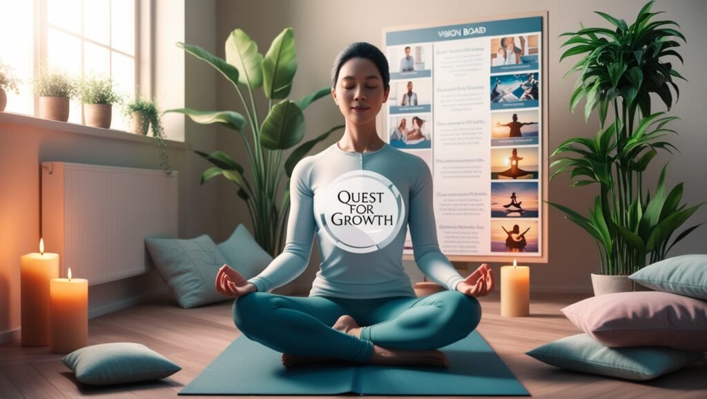 A person sitting cross-legged in a serene room with a vision board and affirmations, practicing visualization as a key motivation technique for lasting change. The image includes a watermark "Quest for Growth" in the center.