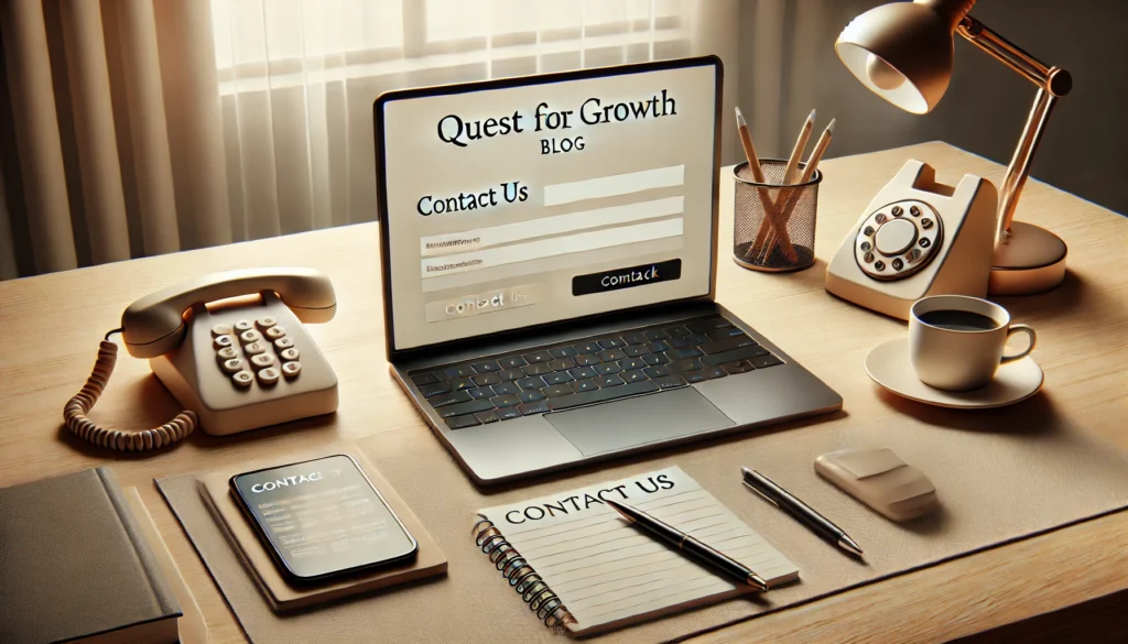 a professional desk with a laptop displaying a contact form, phone, and notepad, symbolizing communication and accessibility for Quest for Growth