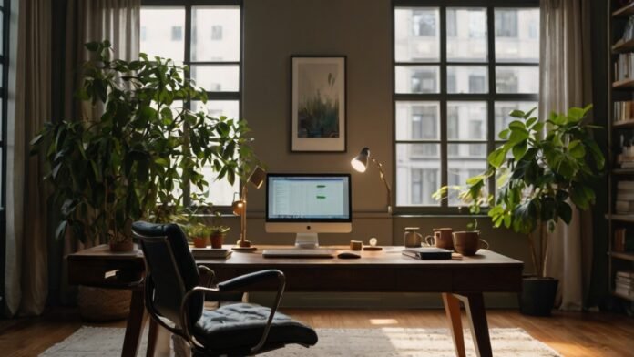 A realistic remote work setup featuring a laptop, ergonomic chair, and organized workspace essentials in a cozy home office, showcasing practical Remote Work Productivity Tips for staying efficient and focused.