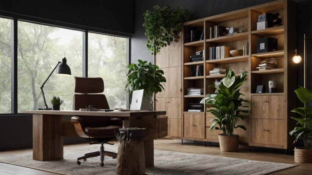 A dedicated workspace setup with a sleek desk, laptop, ergonomic chair, and organized supplies, showcasing Remote Work Productivity Tips in a well-lit home office environment.