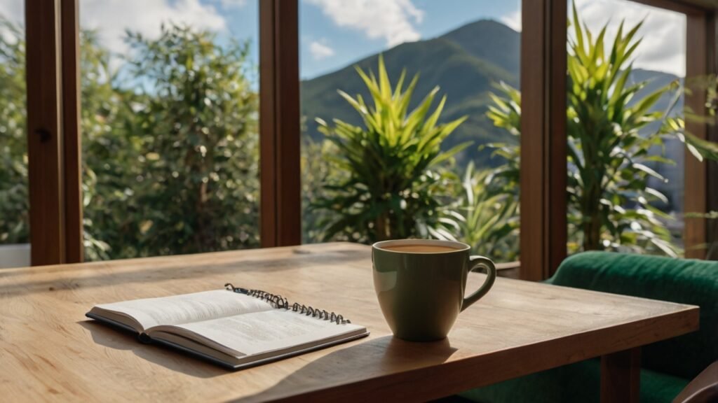 A serene workspace featuring a cozy chair, cup of coffee, and natural light, showcasing Remote Work Productivity Tips for taking regular breaks to enhance focus and efficiency.