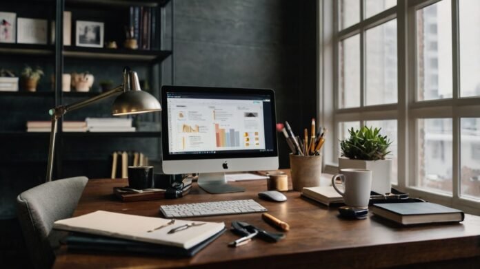 A realistic image of a professional workspace with a laptop, smartphone, planners, and sticky notes on a modern desk, symbolizing efficiency and productivity with the focus on task automation tools to boost productivity.