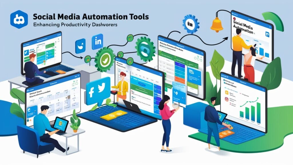 Illustration showcasing social media automation tools boosting productivity in the workplace.